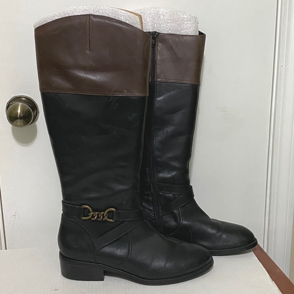 Lauren Ralph Lauren Menna Black Brown Tall Leather Riding Boots Chain Accent 11B - Picture 11 of 12